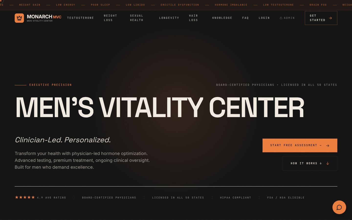 Monarch MVC men’s health platform home page